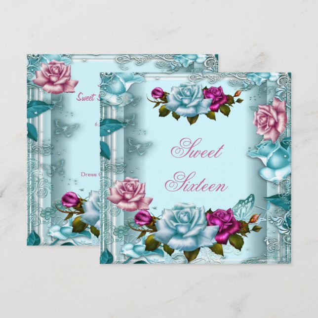 Invitación Dulces Dieciséis 16 Cumpleaños Fiesta Verde Rosa R (Anverso / Reverso)