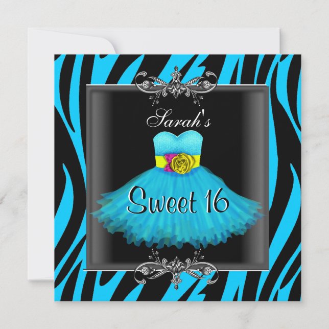 Invitación Dulces dieciséis 16 cumpleaños vestido azul cebra  (Anverso)