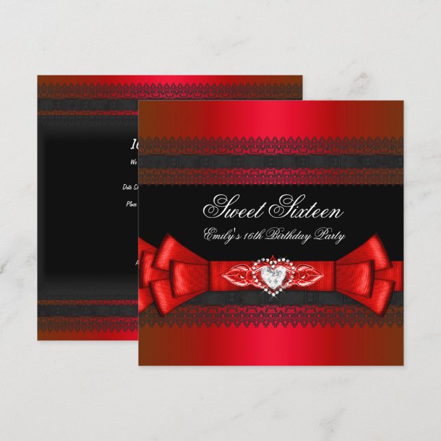 Invitación Dulces Dieciséis 16 Diamante Rojo Negro Arco (Anverso / Reverso)