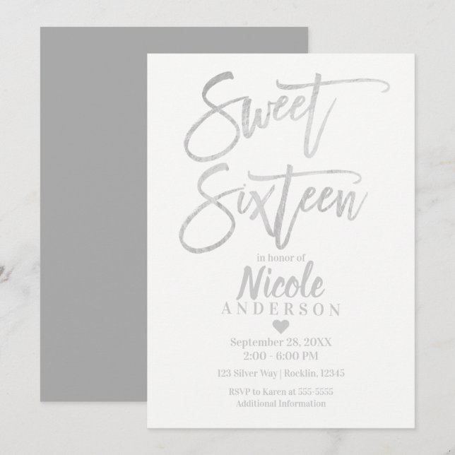Invitación DULCES DIECISÉIS 16 Elegante gris plateado moderno (Anverso / Reverso)