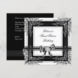 Invitación Dulces Dieciséis 16 Encaje Negro Blanco Floral Dia