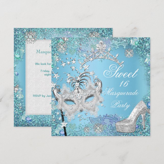 Invitación Dulces Dieciséis 16 Fiesta de Máscara Tiara Azul Z (Anverso / Reverso)