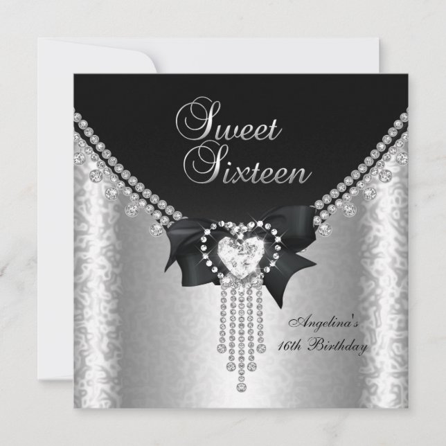 Invitación Dulces Dieciséis 16 Fiesta Negra Plata Diamante 2 (Anverso)