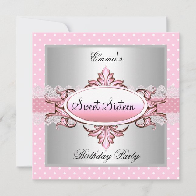 Invitación Dulces Dieciséis 16 Fiesta Plata Rosa Blanco Manch (Anverso)