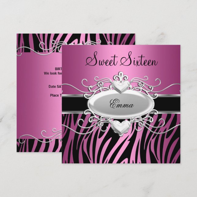 Invitación Dulces Dieciséis 16 Fiesta Plata Rosa Negro Cebra (Anverso / Reverso)
