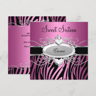 Invitación Dulces Dieciséis 16 Fiesta Plata Rosa Negro Cebra
