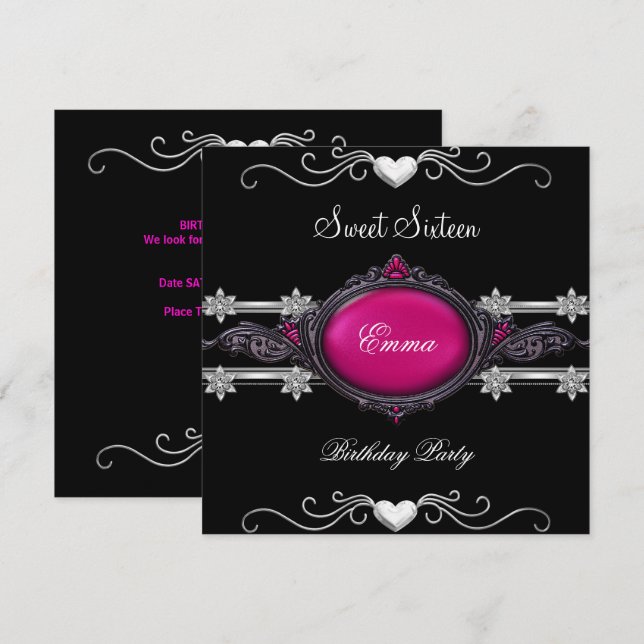 Invitación Dulces Dieciséis 16 Fiesta Plata Rosa Negro Joya (Anverso / Reverso)