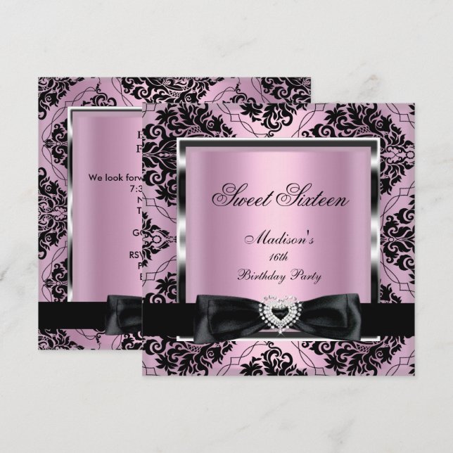 Invitación Dulces Dieciséis 16 Fiesta Rosa Damasco Plateado N (Anverso / Reverso)