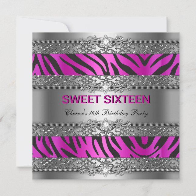 Invitación Dulces Dieciséis 16 Fiesta Rosa Fucsia Plateado Ce (Anverso)
