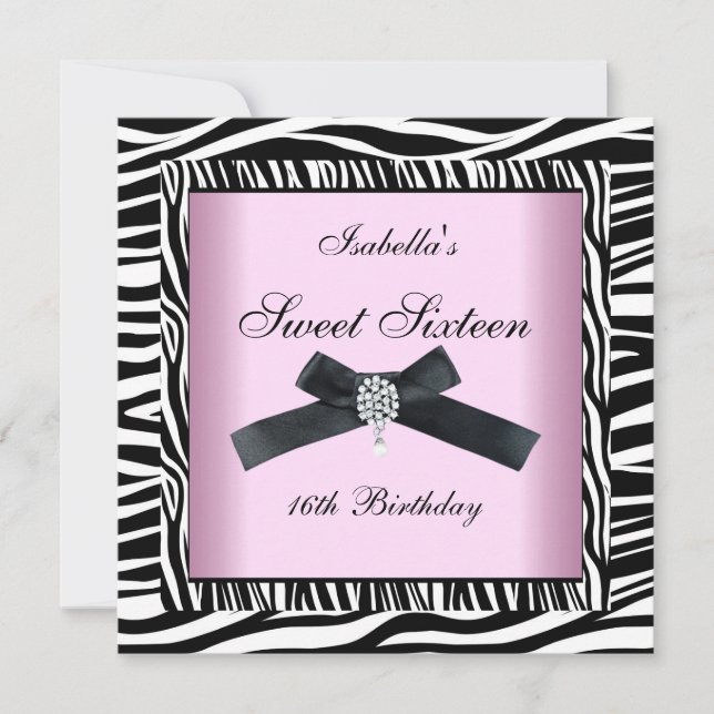 Invitación Dulces Dieciséis 16 Fiesta Rosa Negro Blanco Cebra (Anverso)