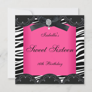 Invitación Dulces Dieciséis 16 Fiesta Rosa Negro Blanco Cebra