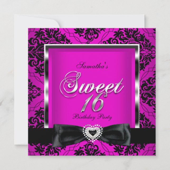 Invitación Dulces Dieciséis 16 Fiesta Rosa Negro Damasco Plat (Anverso)