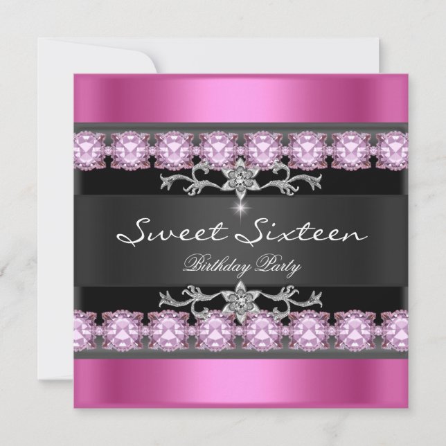Invitación Dulces Dieciséis 16 Fiesta Rosa Negro Plata Blanco (Anverso)