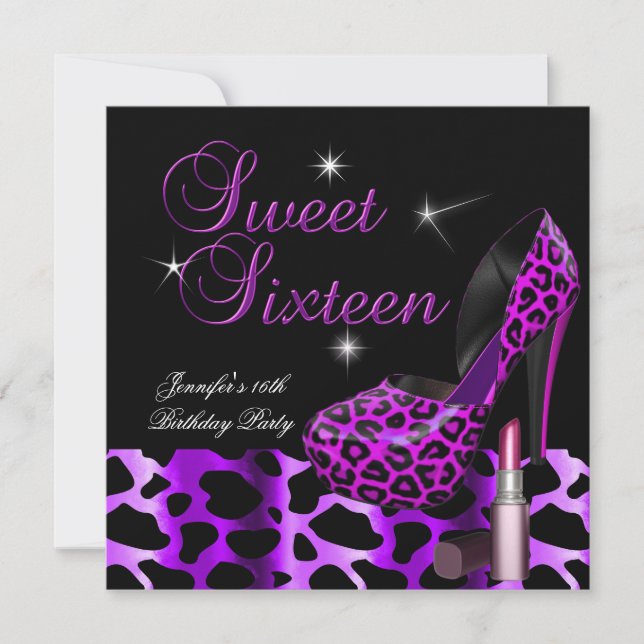 Invitación Dulces Dieciséis 16 Fiesta Zapatos de Leopardo Láp (Anverso)
