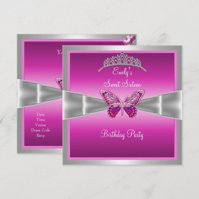 Invitación Dulces Dieciséis 16 Fushia Rosa Plata Tiara 2 (Anverso / Reverso)