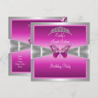 Invitación Dulces Dieciséis 16 Fushia Rosa Plata Tiara 2