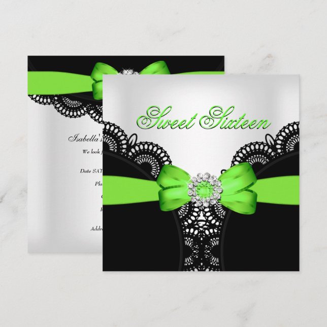 Invitación Dulces Dieciséis 16 Lima Negro Encaje Blanco (Anverso / Reverso)