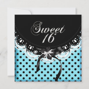 Invitación Dulces Dieciséis 16 Lunares Negro y Blanco Azul