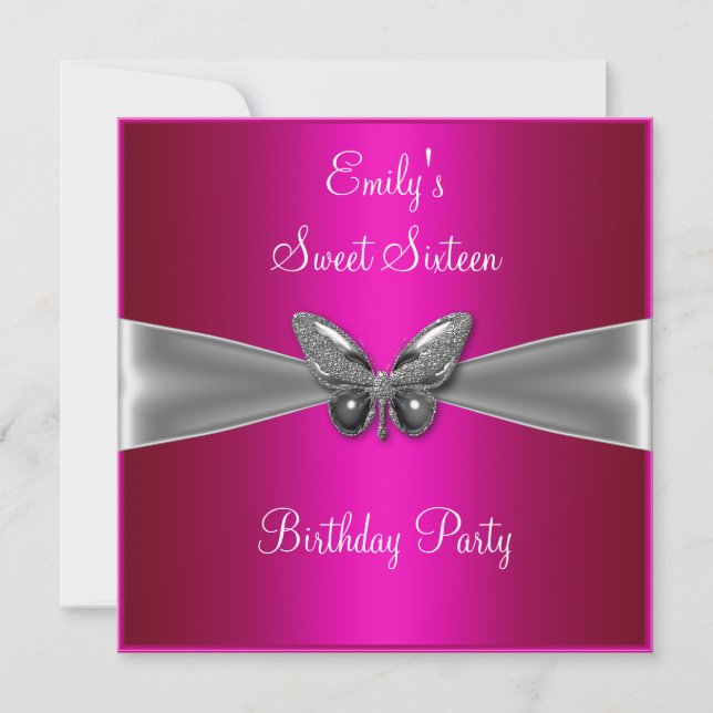 Invitación Dulces Dieciséis 16 Mariposa de Plata Fucsia Joya (Anverso)