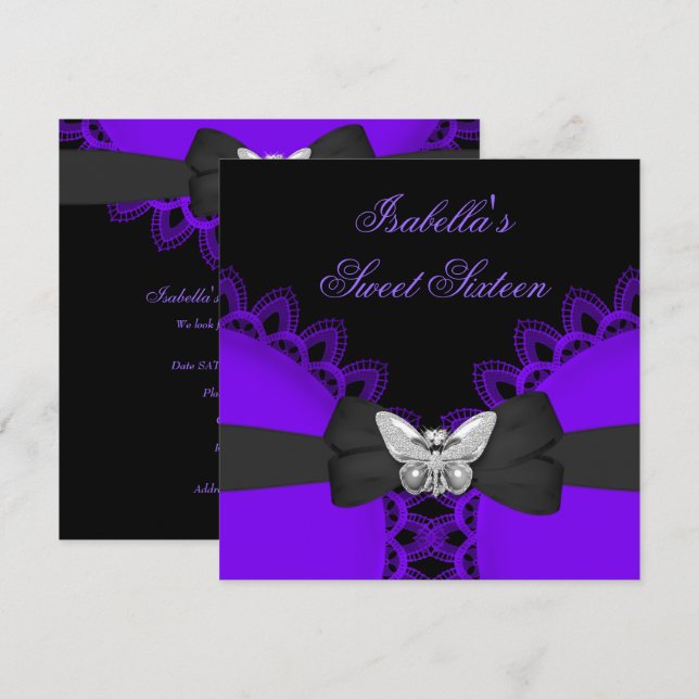 Invitación Dulces Dieciséis 16 Mariposa Morada Encaje Blanco (Anverso / Reverso)