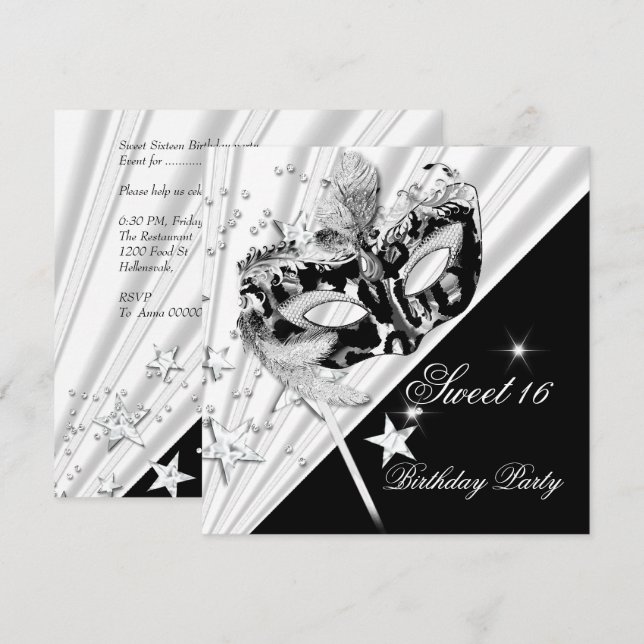 Invitación Dulces Dieciséis 16 Máscara Negra Blanca Plata (Anverso / Reverso)