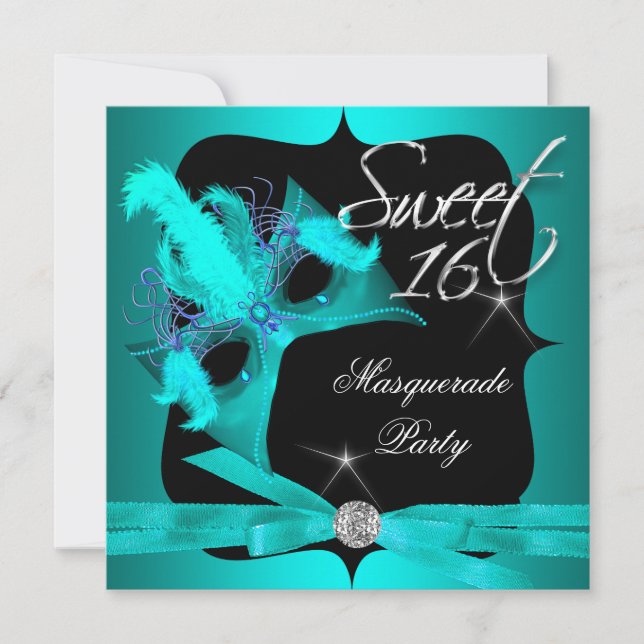 Invitación Dulces Dieciséis 16 Mascarada Azul Turquesa (Anverso)
