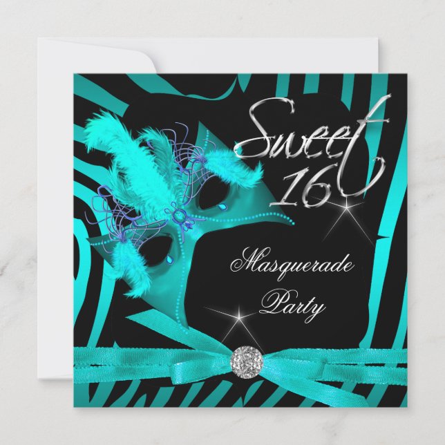 Invitación Dulces Dieciséis 16 Mascarada Cebra Azul Teal (Anverso)