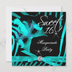 Invitación Dulces Dieciséis 16 Mascarada Cebra Azul Teal
