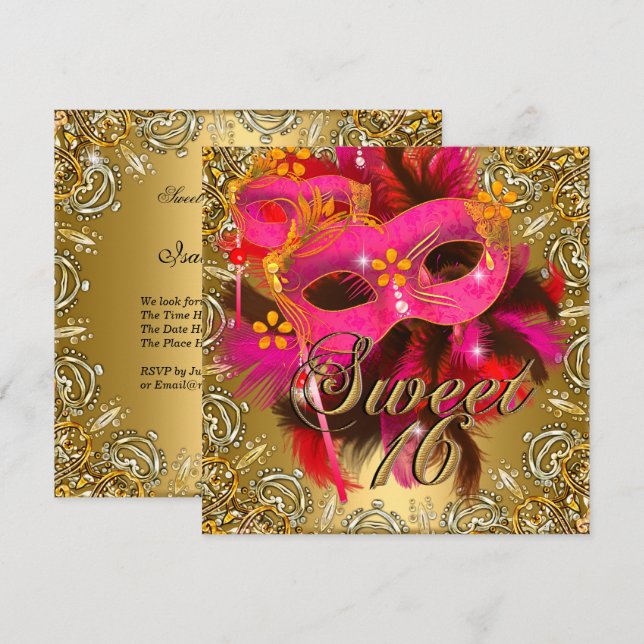 Invitación Dulces Dieciséis 16 Mascarada Coral Rosa Oro (Anverso / Reverso)