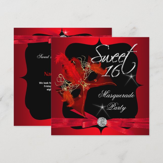 Invitación Dulces Dieciséis 16 Mascarada Rojo Negro (Anverso / Reverso)