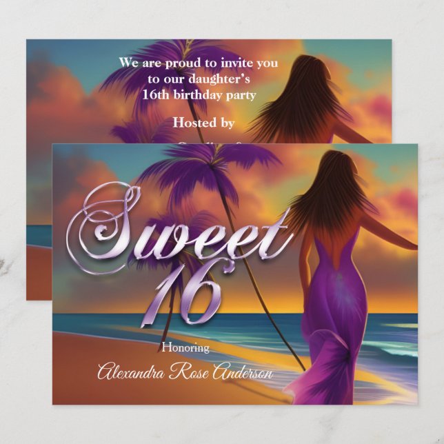 Invitación Dulces Dieciséis 16 Morado chica Playa Océano oro (Anverso / Reverso)