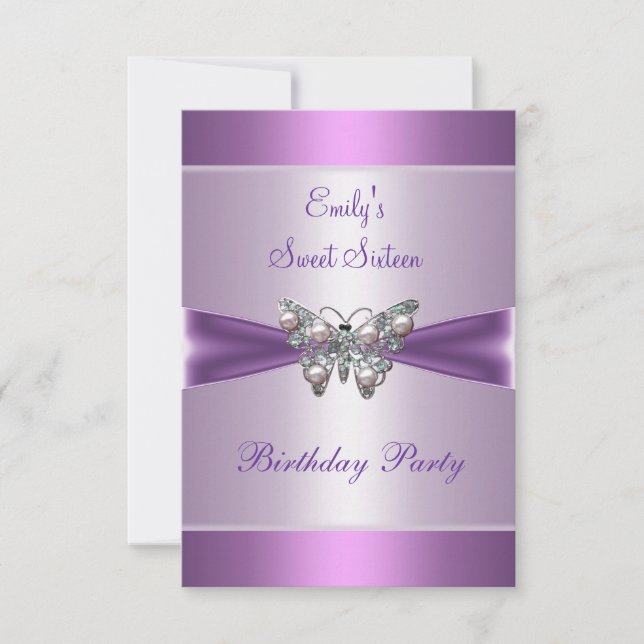 Invitación Dulces Dieciséis 16 Morado Malva Perla Mariposa 2 (Anverso)