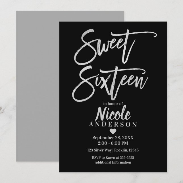 Invitación DULCES DIECISÉIS 16 Plata Gris Foil & Moderno Negr (Anverso / Reverso)