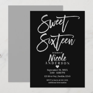 Invitación DULCES DIECISÉIS 16 Plata Gris Foil & Moderno Negr
