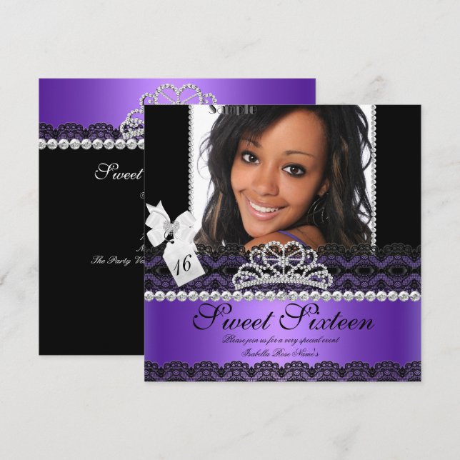 Invitación Dulces Dieciséis 16 Purpura Plateado Foto Encaje N (Anverso / Reverso)
