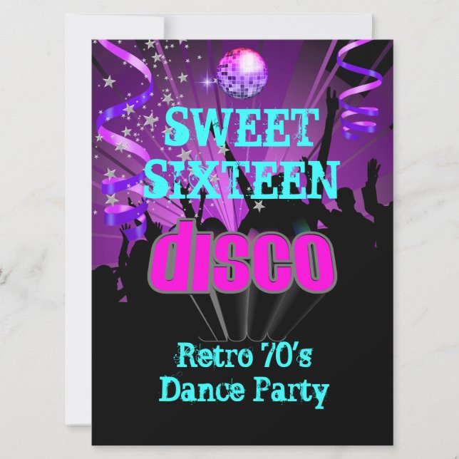 Invitación Dulces Dieciséis 16 Retro Discoteca de Baile de lo (Anverso)