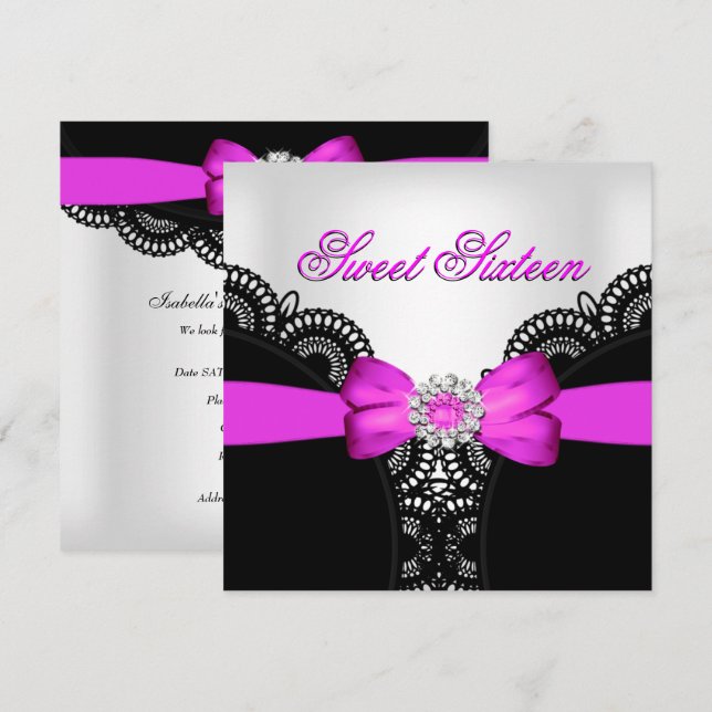 Invitación Dulces Dieciséis 16 Rosa Caliente Negro Blanco Enc (Anverso / Reverso)