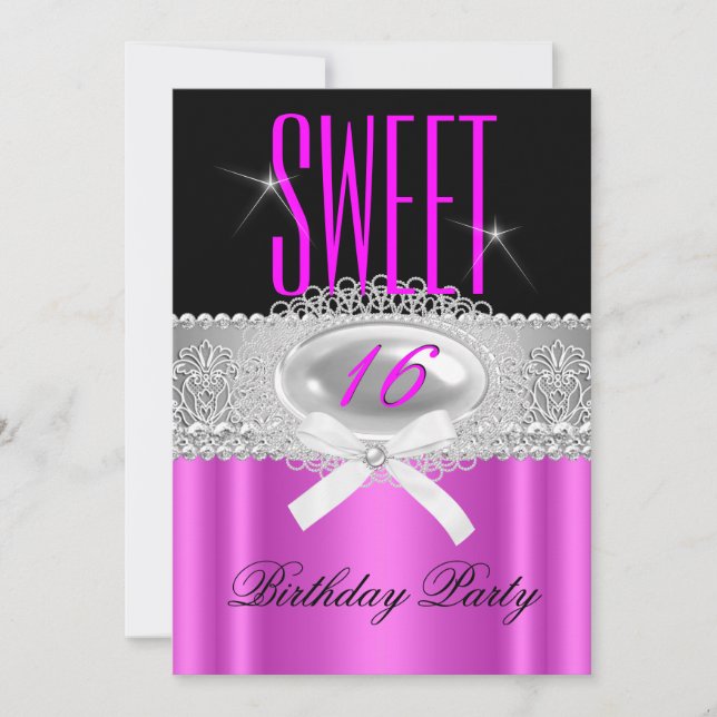 Invitación Dulces Dieciséis 16 Rosa Caliente Negro Plata (Anverso)