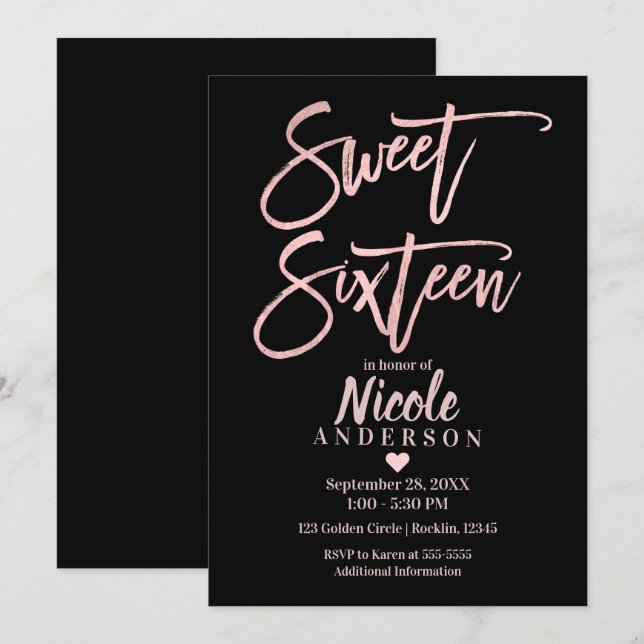 Invitación DULCES DIECISÉIS 16 Rosa Dorado Foil & Moderno Neg (Anverso / Reverso)