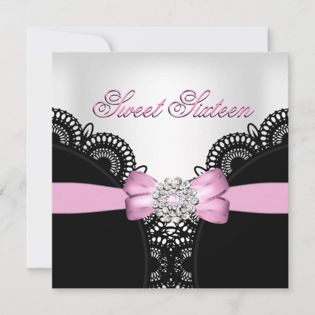 Invitación Dulces Dieciséis 16 Rosa Negro Blanco Encaje Diama (Anverso)