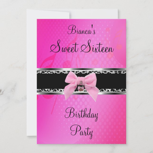 Invitación Dulces Dieciséis 16 Rosa Plata Negro Arco de Cebra (Anverso)
