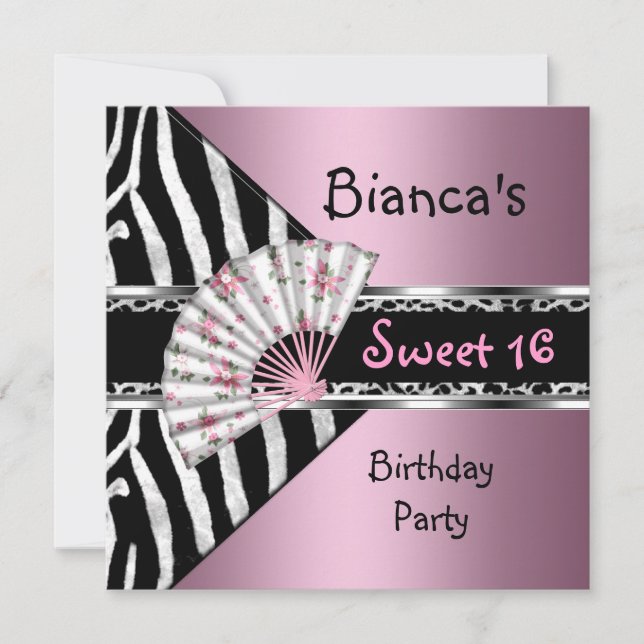 Invitación Dulces Dieciséis 16 Rosa Ventilador Negro Cebra Le (Anverso)