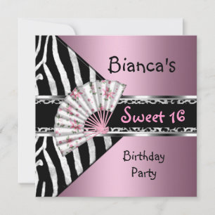 Invitación Dulces Dieciséis 16 Rosa Ventilador Negro Cebra Le
