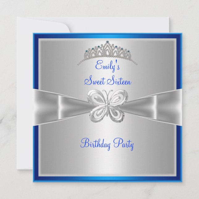 Invitación Dulces Dieciséis 16 Tiara Azul Plata Mariposa 3 (Anverso)