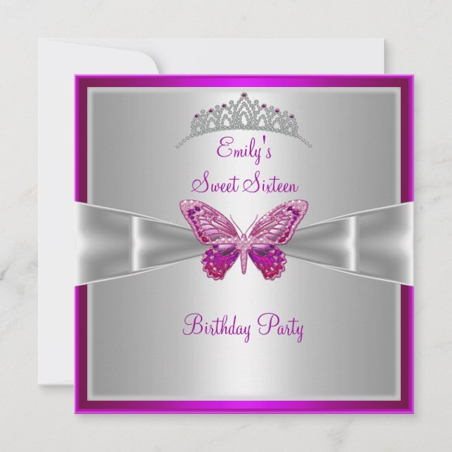 Invitación Dulces Dieciséis 16 Tiara de Fuchsia Rosa Plata 3 (Anverso)