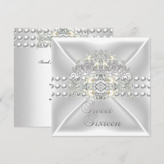 Invitación Dulces Dieciséis 16 Tiara Plata Perla Blanca Diama (Anverso / Reverso)
