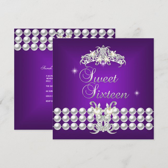 Invitación Dulces Dieciséis 16 Tiara Púrpura Plata Perla Blan (Anverso / Reverso)