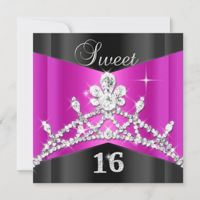 Invitación Dulces Dieciséis 16 Tiara Rosa Caliente Negro Plat (Anverso)