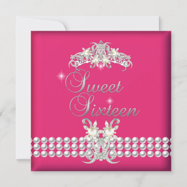 Invitación Dulces Dieciséis 16 Tiara Rosa Plata Perla Blanca (Anverso)