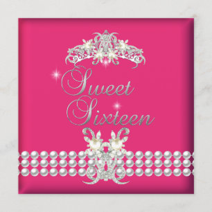 Invitación Dulces Dieciséis 16 Tiara Rosa Plata Perla Blanca